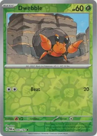 006 Dwebble - Reverse Holo, Paradox Rift, reverse, 4.00 kr, Pokesingles. Kjøp pokemon kort til lave priser hos oss.
