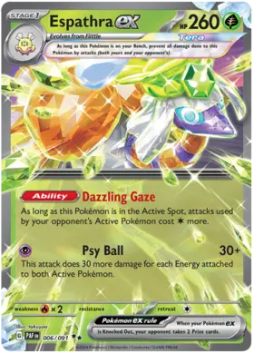 006 Espathra ex, Paldean Fates, ex, 17.00 kr, Pokesingles. Kjøp pokemon kort til lave priser hos oss.