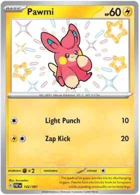 142 Pawmi, Paldean Fates, secret, 3.00 kr, Pokesingles. Kjøp pokemon kort til lave priser hos oss.