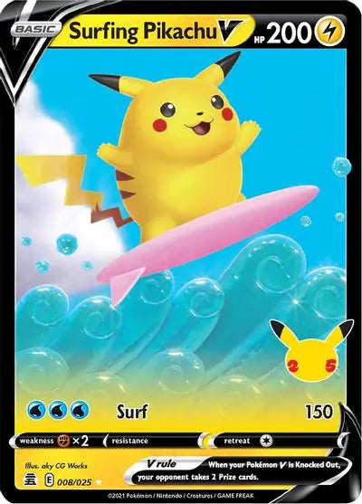 Surfing Pikachu V 008, Celebrations | Sword & Shield, v, 12.00 kr, Pokesingles. Kjøp pokemon kort til lave priser hos oss.