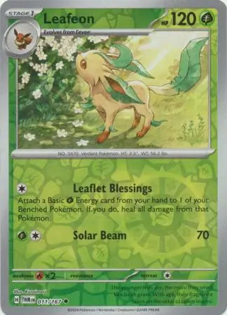 Leafeon Reverse Holo 011, Twilight Masquerade | Scarlet & Violet, , 4.00 kr, Pokesingles. Kjøp pokemon kort til lave priser hos oss.