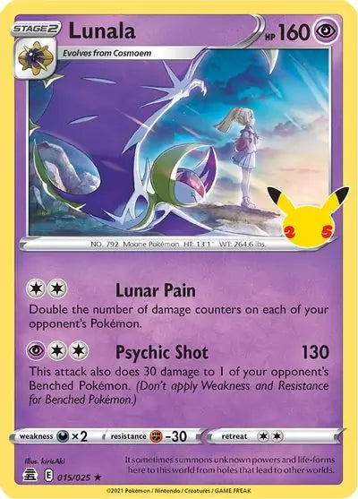 Lunala 015, Celebrations | Sword & Shield, , 4.00 kr, Pokesingles. Kjøp pokemon kort til lave priser hos oss.