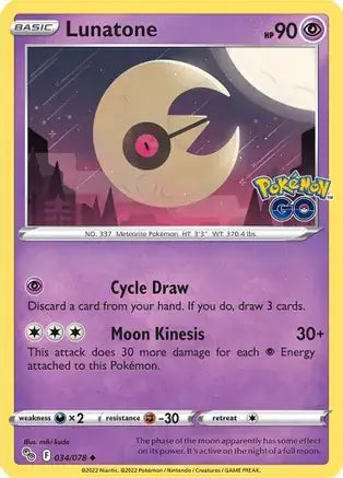 34 Lunatone, Pokemon Go | Sword & Shield, nonholo, 2.00 kr, Pokesingles. Kjøp pokemon kort til lave priser hos oss.