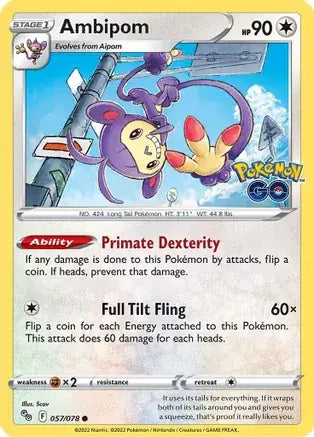 57 Ambipom, Pokemon Go | Sword & Shield, nonholo, 2.00 kr, Pokesingles. Kjøp pokemon kort til lave priser hos oss.