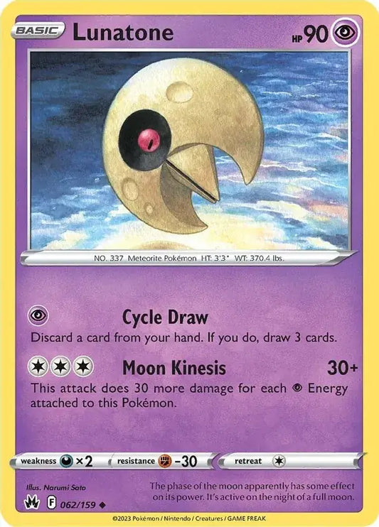 Lunatone 062, Crown Zenith | Sword & Shield, , 0.00 kr, Pokesingles. Kjøp pokemon kort til lave priser hos oss.