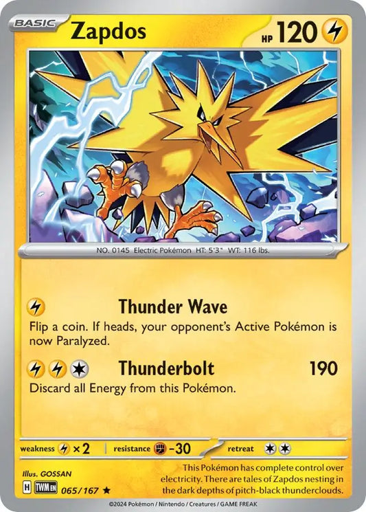 Zapdos Holo Rare 065, Twilight Masquerade | Scarlet & Violet, , 5.00 kr, Pokesingles. Kjøp pokemon kort til lave priser hos oss.