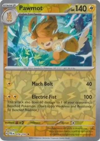 Pawmot Reverse Holo 076 - Paldea Evolved, Paldea Evolved | Scarlet & Violet, , 5.00 kr, Pokesingles. Kjøp pokemon kort til lave priser hos oss.