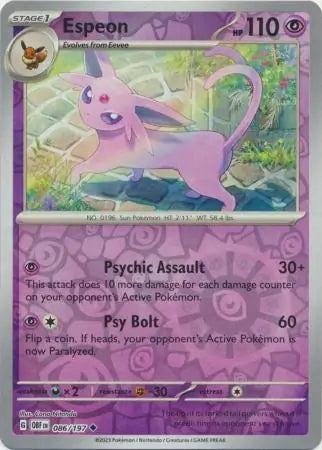 Espeon Reverse Holo 086, Obsidian Flames | Scarlet & Violet, , 4.00 kr, Pokesingles. Kjøp pokemon kort til lave priser hos oss.