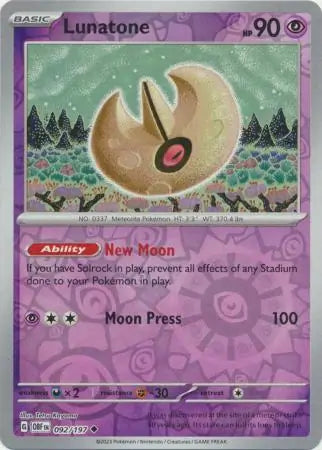 Lunatone Reverse Holo 092, Obsidian Flames | Scarlet & Violet, , 4.00 kr, Pokesingles. Kjøp pokemon kort til lave priser hos oss.