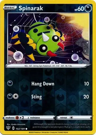 Spinarak Reverse Holo 102, Darkness Ablaze | Sword & Shield, , 39.00 kr, Pokesingles. Kjøp pokemon kort til lave priser hos oss.