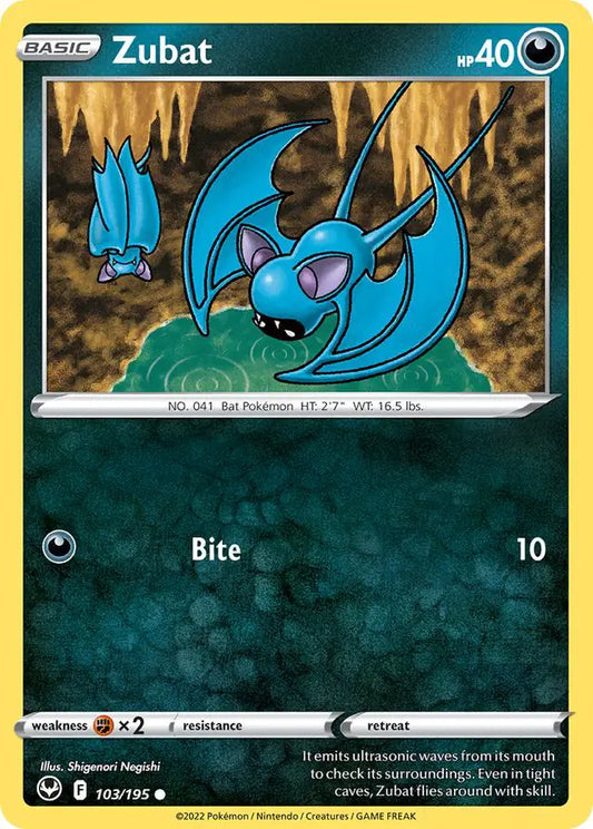 Zubat 103, Silver Tempest | Sword & Shield, , 0.00 kr, Pokesingles. Kjøp pokemon kort til lave priser hos oss.