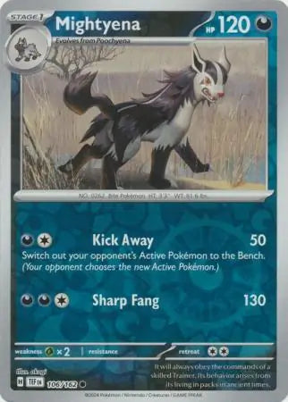 106 Mightyena - Reverse Holo, Temporal Forces | Scarlet & Violet, reverse, 4.00 kr, Pokesingles. Kjøp pokemon kort til lave priser hos oss.