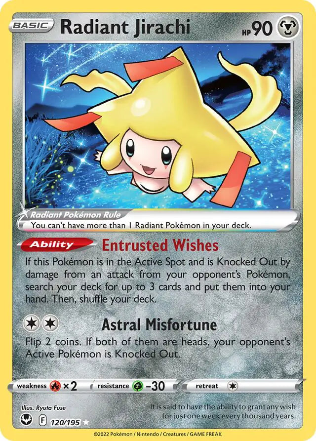 Radiant Jirachi 120, Silver Tempest | Sword & Shield, radiant, 0.00 kr, Pokesingles. Kjøp pokemon kort til lave priser hos oss.