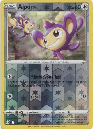 Aipom Reverse Holo 144, Lost Origin | Sword & Shield, , 0.00 kr, Pokesingles. Kjøp pokemon kort til lave priser hos oss.