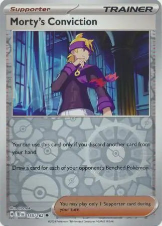 155 Morty's Conviction - Reverse Holo, Temporal Forces | Scarlet & Violet, trainer, 5.00 kr, Pokesingles. Kjøp pokemon kort til lave priser hos oss.