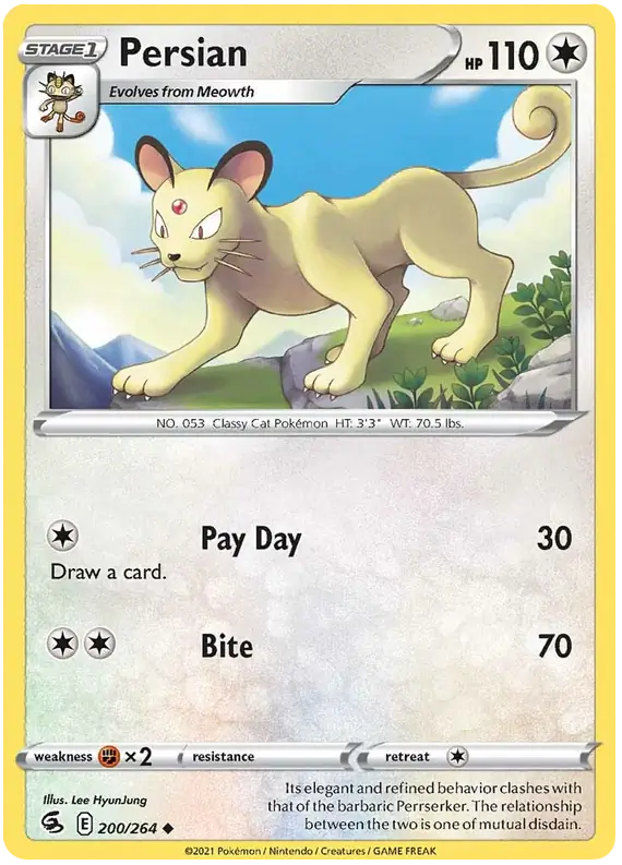 Persian 200, Fusion Strike | Sword & Shield, , 0.00 kr, Pokesingles. Kjøp pokemon kort til lave priser hos oss.
