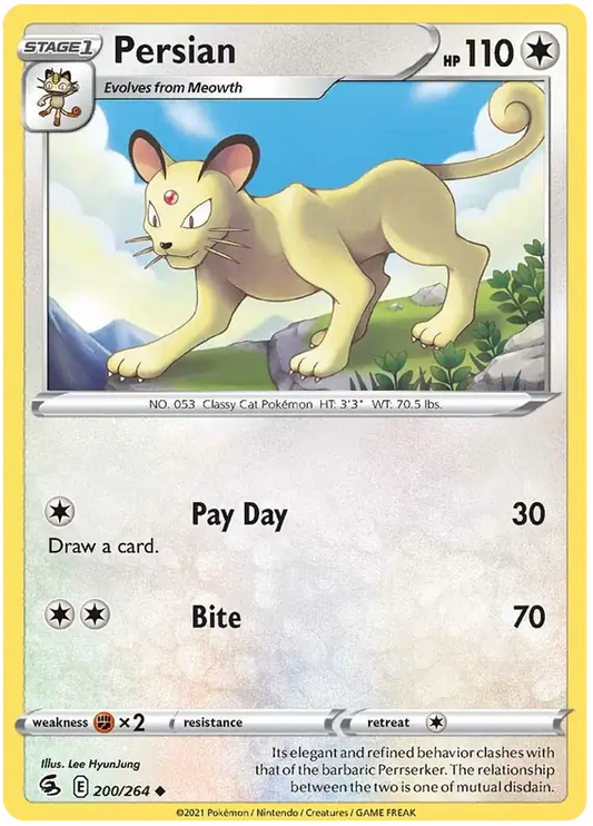 Persian 200, Fusion Strike | Sword & Shield, , 0.00 kr, Pokesingles. Kjøp pokemon kort til lave priser hos oss.