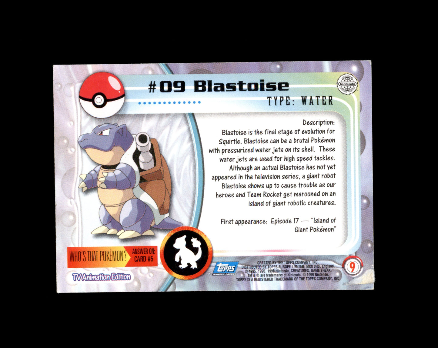 *SE BILDE FOR TILSTAND* Blastoise [Foil] #9 Pokemon 1999 Topps TV