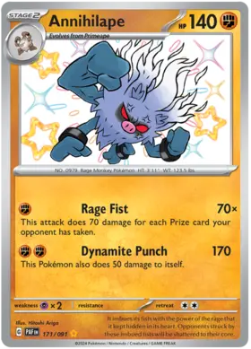 171 Annihilape, Paldean Fates, secret, 100.00 kr, Pokesingles. Kjøp pokemon kort til lave priser hos oss.