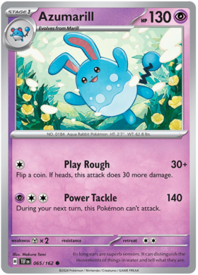 065 Azumarill, Temporal Forces | Scarlet & Violet, nonholo, 2.00 kr, Pokesingles. Kjøp pokemon kort til lave priser hos oss.