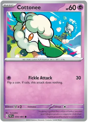034 Cottonee, Paldean Fates, nonholo, 2.00 kr, Pokesingles. Kjøp pokemon kort til lave priser hos oss.
