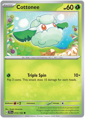 014 Cottonee, Temporal Forces | Scarlet & Violet, nonholo, 2.00 kr, Pokesingles. Kjøp pokemon kort til lave priser hos oss.