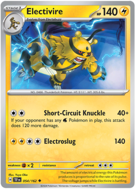 054 Electivire, Temporal Forces | Scarlet & Violet, nonholo, 2.00 kr, Pokesingles. Kjøp pokemon kort til lave priser hos oss.