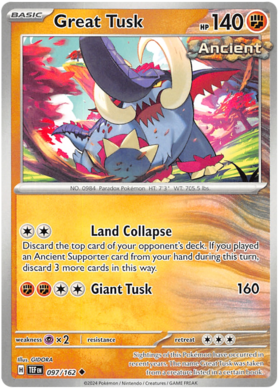 097 Great Tusk, Temporal Forces | Scarlet & Violet, nonholo, 2.00 kr, Pokesingles. Kjøp pokemon kort til lave priser hos oss.