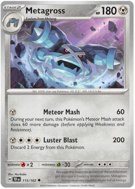115 Metagross, Temporal Forces | Scarlet & Violet, nonholo, 2.00 kr, Pokesingles. Kjøp pokemon kort til lave priser hos oss.