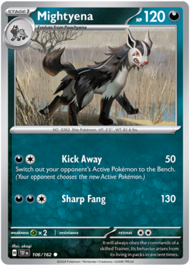 106 Mightyena, Temporal Forces | Scarlet & Violet, nonholo, 2.00 kr, Pokesingles. Kjøp pokemon kort til lave priser hos oss.