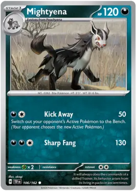 106 Mightyena, Temporal Forces | Scarlet & Violet, nonholo, 2.00 kr, Pokesingles. Kjøp pokemon kort til lave priser hos oss.