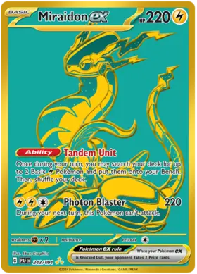 243 Miraidon ex, Paldean Fates, secret, 100.00 kr, Pokesingles. Kjøp pokemon kort til lave priser hos oss.