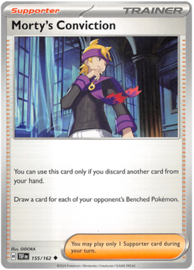 155 Morty's Conviction, Temporal Forces | Scarlet & Violet, trainer, 3.00 kr, Pokesingles. Kjøp pokemon kort til lave priser hos oss.