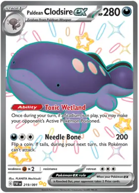 219 Paldean Clodsire ex, Paldean Fates, secret, 100.00 kr, Pokesingles. Kjøp pokemon kort til lave priser hos oss.
