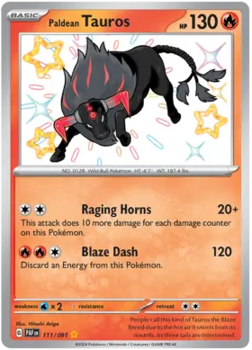 111 Paldean Tauros, Paldean Fates, secret, 100.00 kr, Pokesingles. Kjøp pokemon kort til lave priser hos oss.