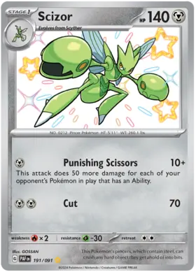 191 Scizor, Paldean Fates, secret, 100.00 kr, Pokesingles. Kjøp pokemon kort til lave priser hos oss.