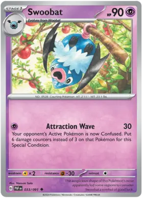 033 Swoobat, Paldean Fates, nonholo, 2.00 kr, Pokesingles. Kjøp pokemon kort til lave priser hos oss.
