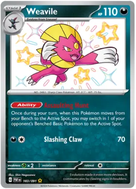 183 Weavile, Paldean Fates, secret, 100.00 kr, Pokesingles. Kjøp pokemon kort til lave priser hos oss.